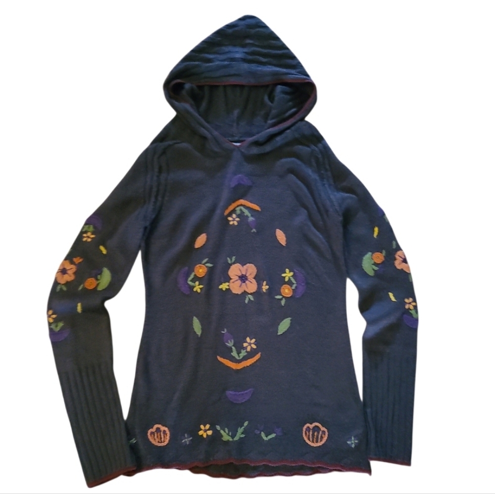 Vintage Buffalo David Bitton Hooded Knit Floral Embroidery Sweater Brown